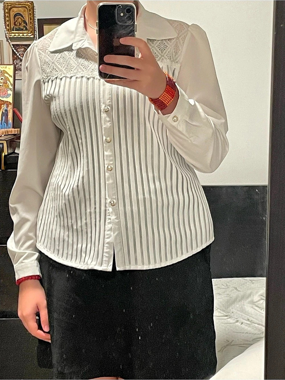 White Pleated Lace Button Down Blouse Like New